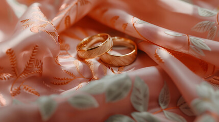 Couple Engagement Ring Above Soft Pink Floral Satin Fabric