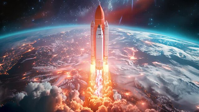 An artists rendering of a space shuttle taking off from Earth, showing a powerful liftoff with flames and smoke.