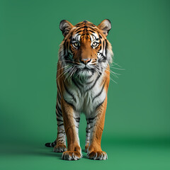 Full body of tiger on solid green screen background, fashion photography, evenly lighting