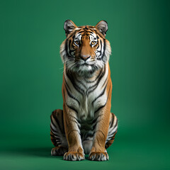 Fototapeta premium Full body of tiger on solid green screen background, fashion photography, evenly lighting