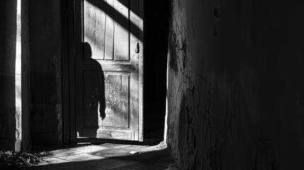 Mysterious Figure Peeking Through Doorway in Shadows