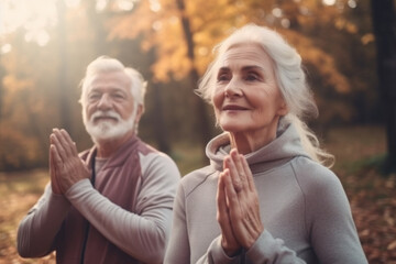 Elderly man and woman practicing yoga together in a park setting, demonstrating various poses and stretches - Powered by Adobe