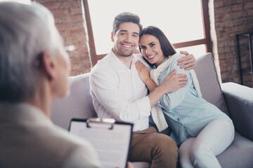 Photo of young couple cuddle listen lady appointment psychotherapist loft interior office indoors