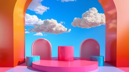 A round pink stage with clouds and hearts on it. Mockup