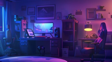 Gamer room with neon screen and computer modern background. Video game stream office illustration with purple and light colors. Living room set up with console, joystick, and game set up.