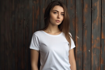 Fototapeta premium A young woman is standing while wearing a white t-shirt, simplistic and casual attire
