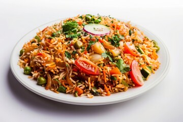 Veg biryani or veg pulav/pulao, pilaf Fried rice Indian food, white background, vegetable pulao