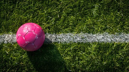 Top View of a magenta Soccer Ball next to a white Line on a green Pitch. Football Background