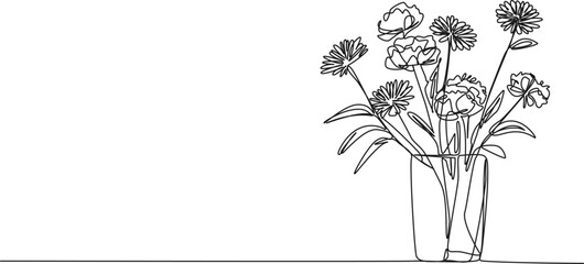continuous single line drawing of bouquet of flowers in flower vase, line art vector illustration