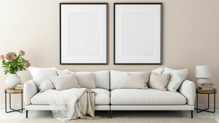 Black border frame mockup, home living room interior with white sofa, 3D render