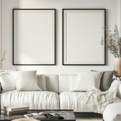 Black border frame mockup, home living room interior with lovely sofa, 3D render
