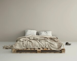 wood pallet bed in a minimalist setting with a monochrome color palette