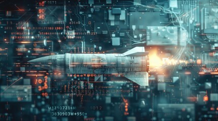 Fototapeta premium Military missile set against a backdrop of AI networks, double exposure style with a hack theme