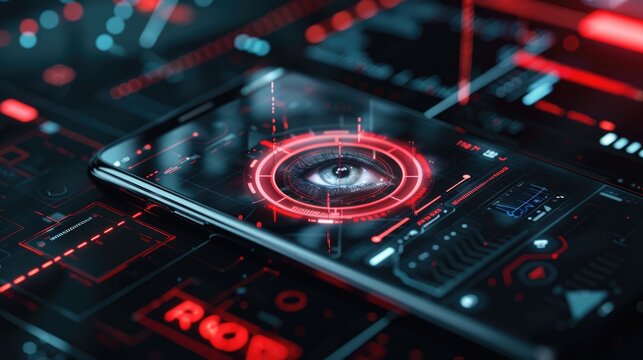 Device showing a privacy warning, eye focus tracking hacked, dark theme with red alert signs