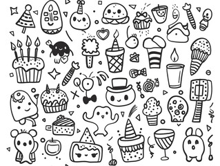 Birthday party doddle theme. Cartoon style for children coloring book. 