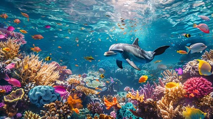 Underwater scene with a dolphin swimming over a vibrant coral reef. The dolphin is surrounded by colorful fish and the reef is full of life.