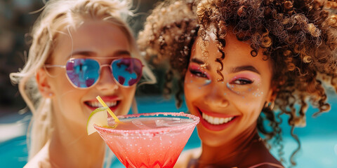 2 female women smiling celebrating summer pink wine martini cocktail in blue pool spa water party background gin vodka daiquiri drink elegant glass for bachelorette birthday event hen girls celebrate 
