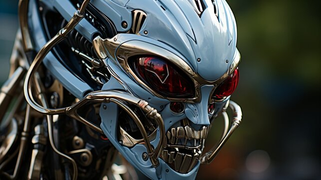 futuristic female metal robot, unusual extraterrestrial life form made of chrome
