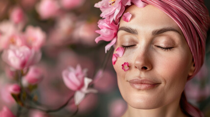 A woman with pink flowers adorning her face, creating a vibrant and unique look