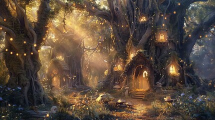 A whimsical fairytale forest with towering trees and magical creatures.