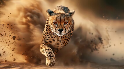 Beautiful cheetah running fast in the desert, surrounded by sand and dust, motion blur, beautiful eyes, wildlife photography, in the style of national geographic