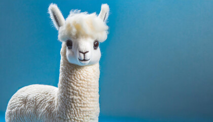 Fototapeta premium Soft alpaca plushie doll. Craft crocheted toy for kids. Handmade llama standing on blue background.