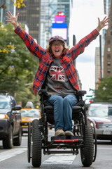 Obraz premium A woman in a wheelchair moving along a bustling city street, surrounded by pedestrians and urban buildings
