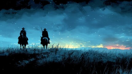 Two men riding horses in a field at night, AI