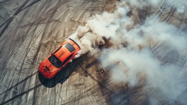 Aerial top view professional driver drifting car on asphalt road track with white smoke, Automobile race car drift on abstract asphalt road with black tire skid mark, View from above.