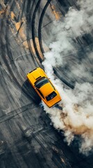 Aerial top view professional driver drifting car on asphalt road track with white smoke, Automobile race car drift on abstract asphalt road with black tire skid mark, View from above.