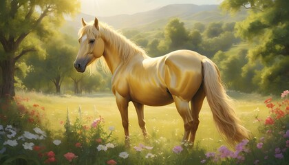Depict a golden horse grazing peacefully in a sun upscaled_7