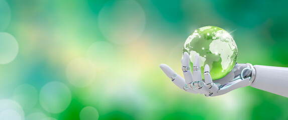Globe crystal glass ball in robot hand. Green background with bokeh. Artificial Intelligence, World mental health and World earth day. Saving environment and World Ecology Concept.
