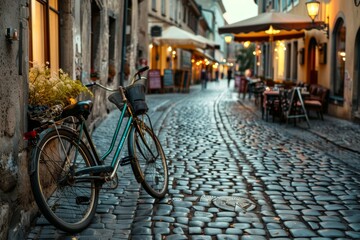 Charming European Street with Bicycle for Travel and Tourism Ads