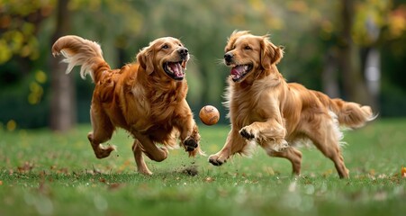 Two golden retrievers playing with a ball in the park.