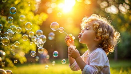 Close-up of Joyful Child Blowing Bubbles in Sunlit Park	
