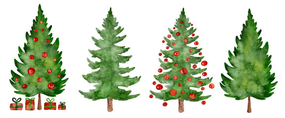 Set of hand drawn watercolor Christmas trees decorated with red gift boxes and balls. Handmade not AI