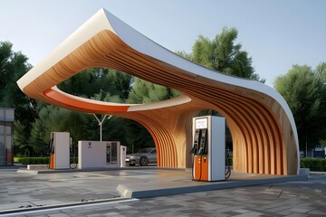 Modern gas station with fuel pumps and electric charging stations