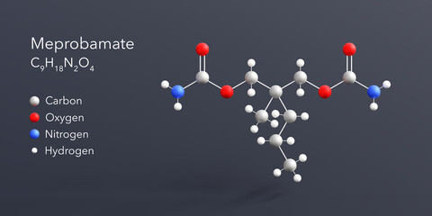 meprobamate molecule 3d rendering, flat molecular structure with chemical formula and atoms color coding