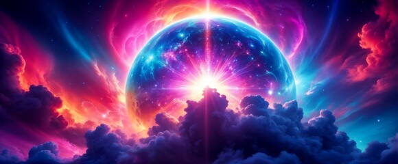 Celestial clouds stars galaxy wallpaper, neon glowing colors, scene. planet flare