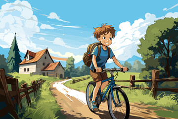 A boy biking with school bag in the countryside. Children book illustration or book cover template