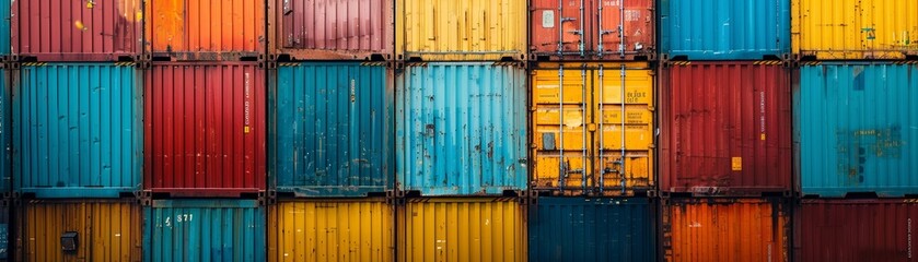 Stacked shipping containers in the storage yard of a commercial port, representing the global trade and transportation of products.