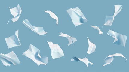 3d modern illustration of a falling document or letter in different angles. Empty curl notes and leaflets chaotically floating.