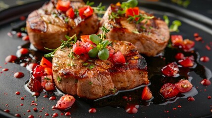 American cuisine. Pork medallions with pepper and fresh cherry salsa. 
