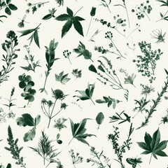 Seamless Botanical Pattern of Green Leaves and Herbs on a White Background