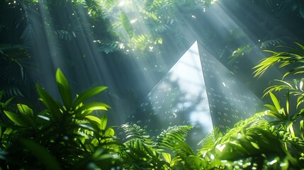 Fototapeta premium The glass prism reflects the calming essence of the natural world, encircled by verdant greenery while binary code patterns playfully dance across its surfaces.
