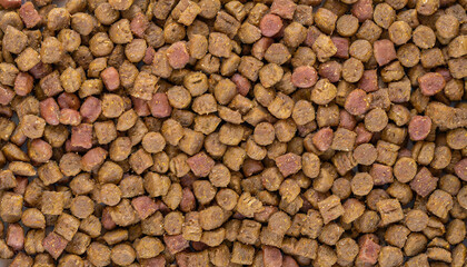 Catfood texture background. Dry food for animals. Pet meal close up. Dried pet food top view