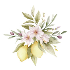 Watercolor vector bouquet with lemons, olives and green foliage. Yellow tropical fruits and leaves arrangement. Hand painted botanical illustration. Design for cooking magazines, decor, invitations.