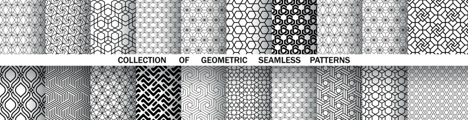 Geometric set of seamless black and white patterns. Simple vector graphics.