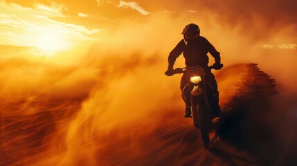 This is a motorcycle rider riding over the dunes and down the off-road track at sunset while the track is covered with smoke and mist.
