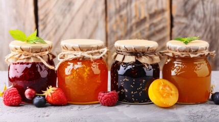 various jars of fruit jam on dark table
